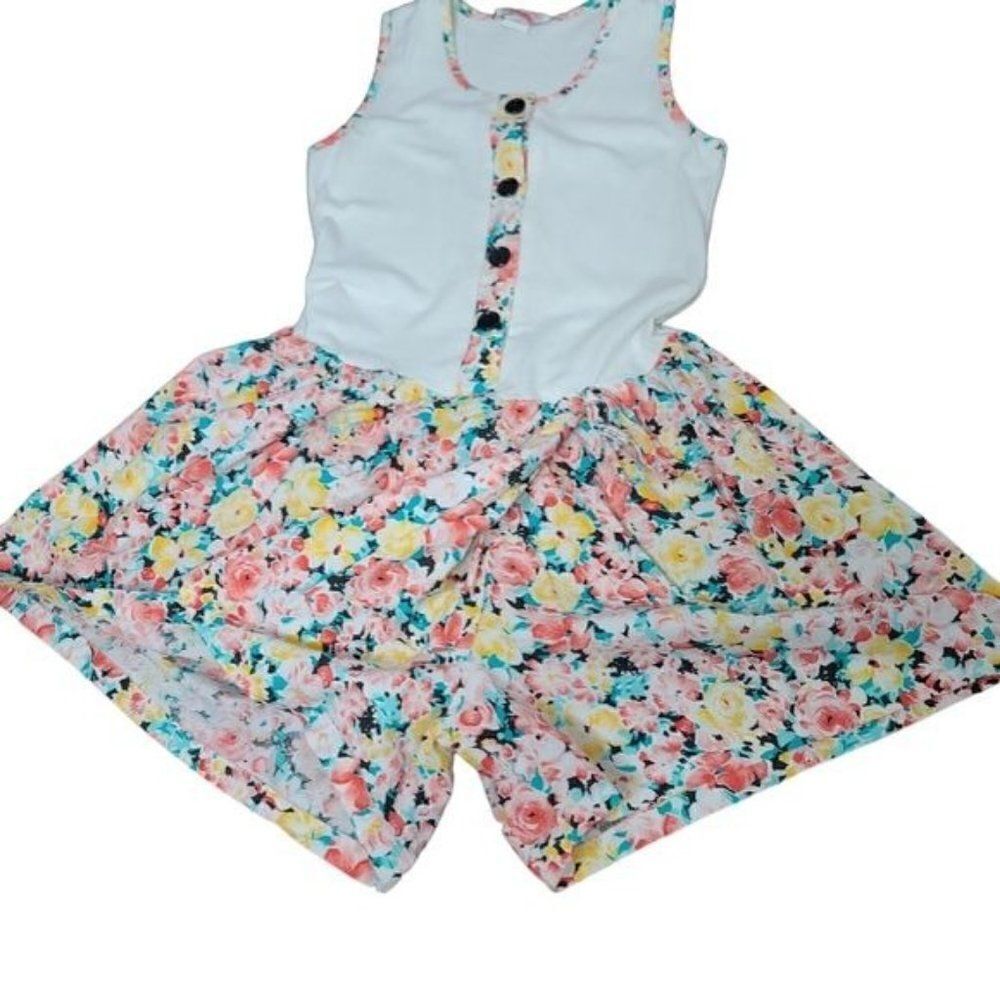 Vintage 80s 90s Girls Boho Cottagecore Pink Floral Romper Shorts